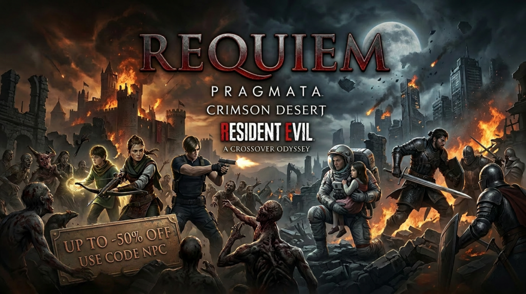 REQUIEM Pragmata Crimson Desert Resident Evil crossover cover art with armed characters fighting zombies and medieval soldiers amid burning ruins under a full moon